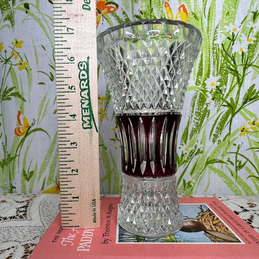 Enesco Lead Crystal Vase Diamond Point Ruby Flashing Pressed Vintage Glass